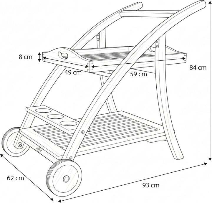 AXI Adi Servierwagen aus Teak Holz mit abnehmbarem Tablett & Flaschenhalter | Küchenwagen mit Rollen
