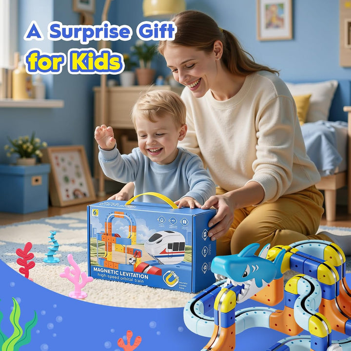 EUCOCO Spielzeug ab 3 4 5 6 7 8 Jahre Junge, Clickrail Electric Train Set 117 PCS Ozean-Thema Cubix