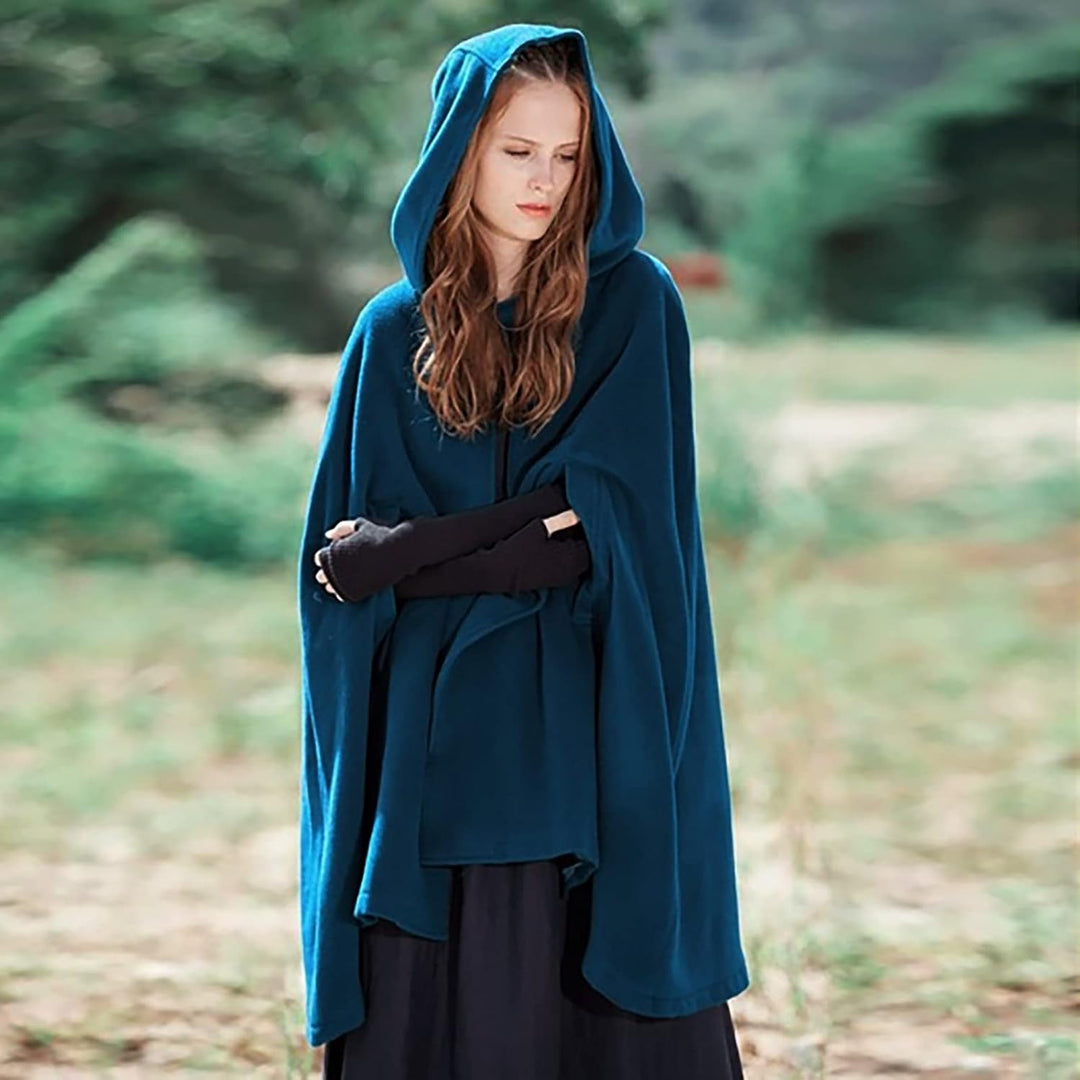 Wollen Umhang mit Kapuze Damen Vintage Einfarbig Poncho Robe Halloween Kostüm Leichte Trenchcoat Win