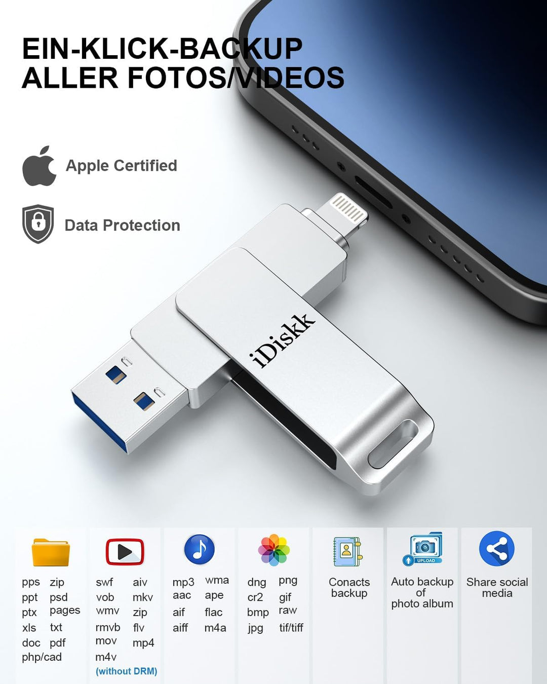 iDiskk MFi-zertifizierter 64GB Lightning-USB-Foto-Stick Speicher weiterung Sicherung Flash-Laufwerk
