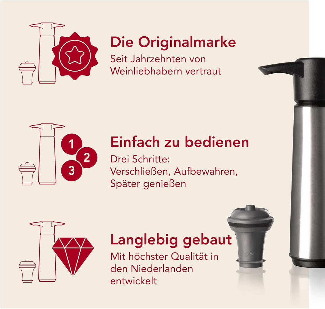 Vacu Vin Weinpumpe Edelstahl mit 2 Vakuumstopfen – Premium Wein Konservierer – Handpumpe zur Luftent
