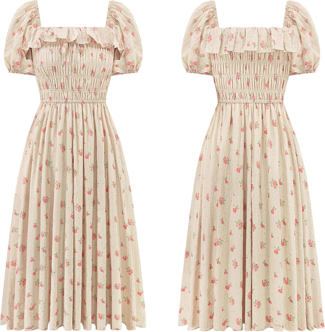 R.Vivimos Damen Casual A-Line Print Vierkant Puff Ärmel Kleid Saum Hohe Taille Midi Fitted Kleid Ber