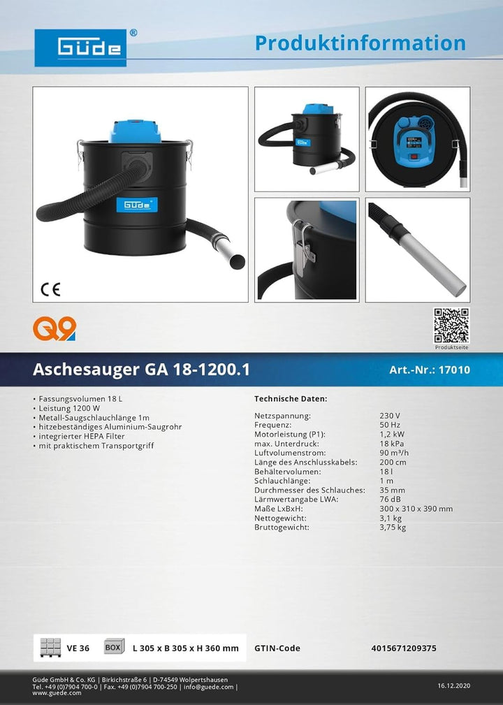 Güde 17010 GA 18-1200.1 Aschesauger, 18 Liter Behältervolumen, schwarz