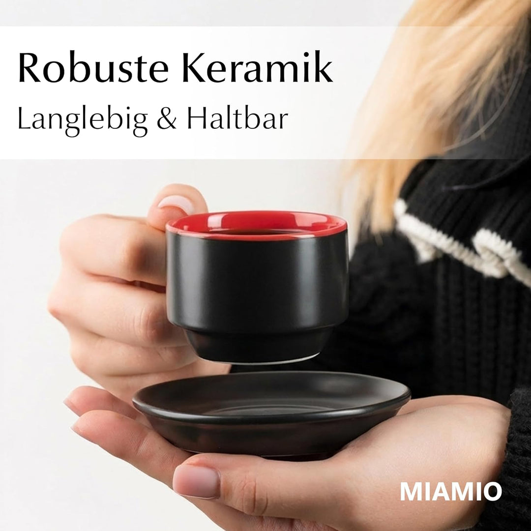 MIAMIO - 6 x 75 ml Espressotassen Set/Espresso Tassen Set mit Untertasse & Ständer - Kaffeetassen Se