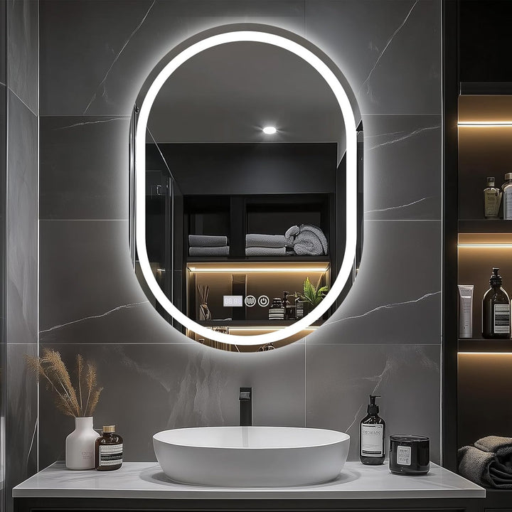 Badspiegel Mit Beleuchtung, 60x80 cm Oval Spiegel mit Beleuchtung, Badspiegel mit Uhr und Touch-Scha