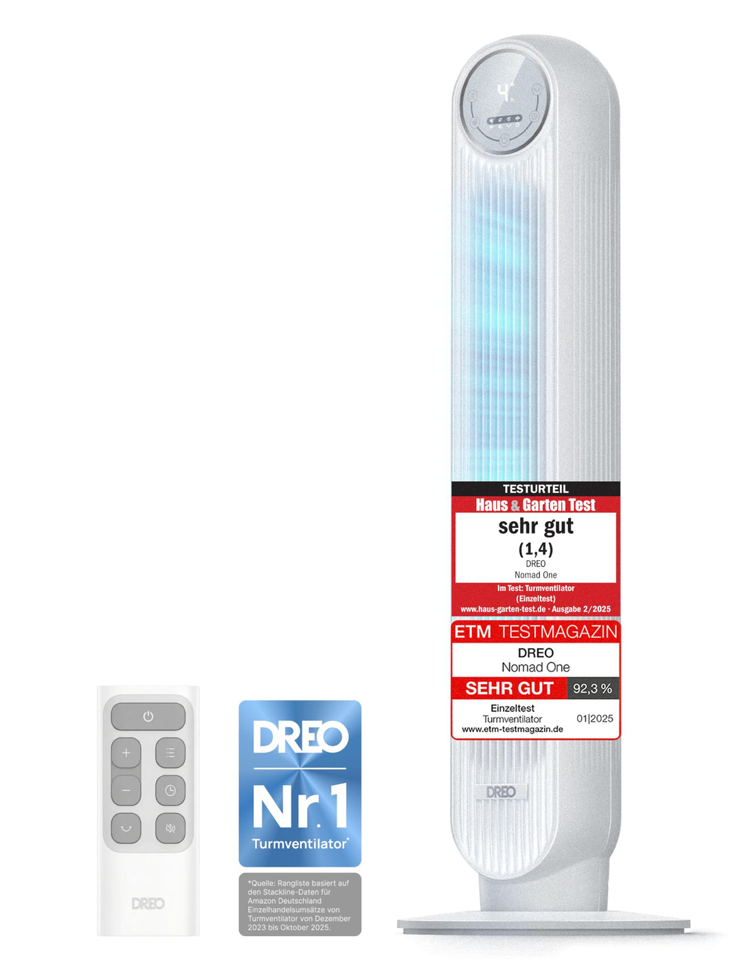 Dreo 28dB Leiser Turmventilator, 7,3m/s Geschwindigkeit 4 Geschwindigstufen 4 Modi 8 Std. Timer 90°