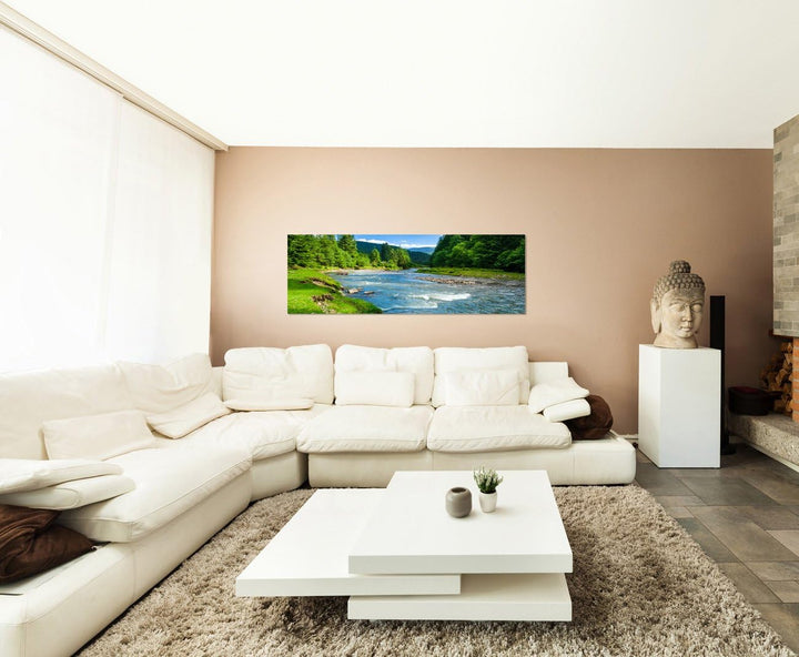 Paul Sinus Art Panoramabild auf Leinwand und Keilrahmen 150x50cm Landschaft Wald Wiese Fluss Himmel