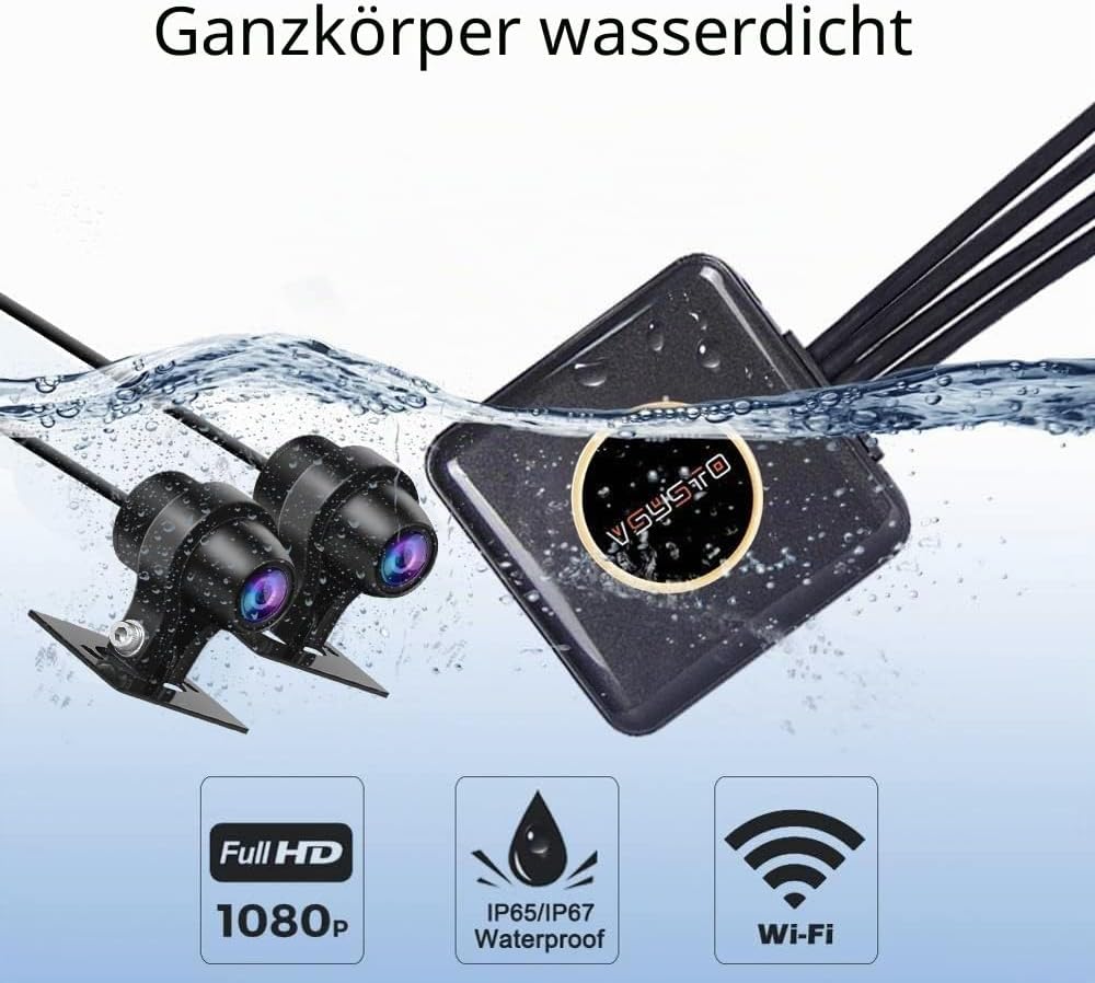 VSYSTO Motorrad Kamera, Ganzkörper Wasserdicht Nachtsicht 130° Weitwinkelobjektiv HD 1080P vorne und
