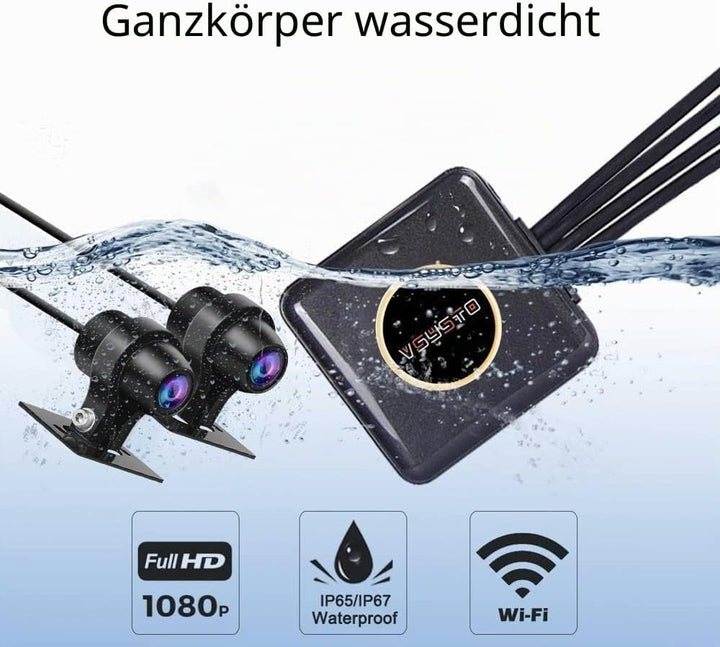 VSYSTO Motorrad Kamera, Ganzkörper Wasserdicht Nachtsicht 130° Weitwinkelobjektiv HD 1080P vorne und
