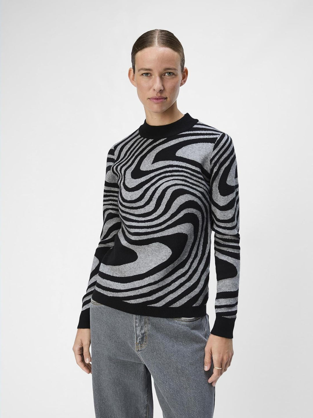 Object Damen Objray L/S Knit Pullover Aop Noos Strickpullover XS Black 5, XS Black 5
