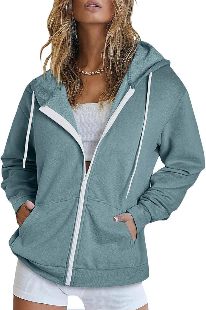 Maavoki Damen Zip Hoodie Langarm Kapuzenpulli Fleece Outwear Jacken Herbst Winter Sweatjacke A-hellb