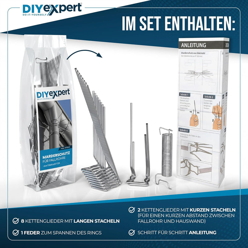 DIYexpert 5er Pack Marder-Schutz für Fallrohre bis zu Ø 100mm aus Edelstahl - individuell anpassbare