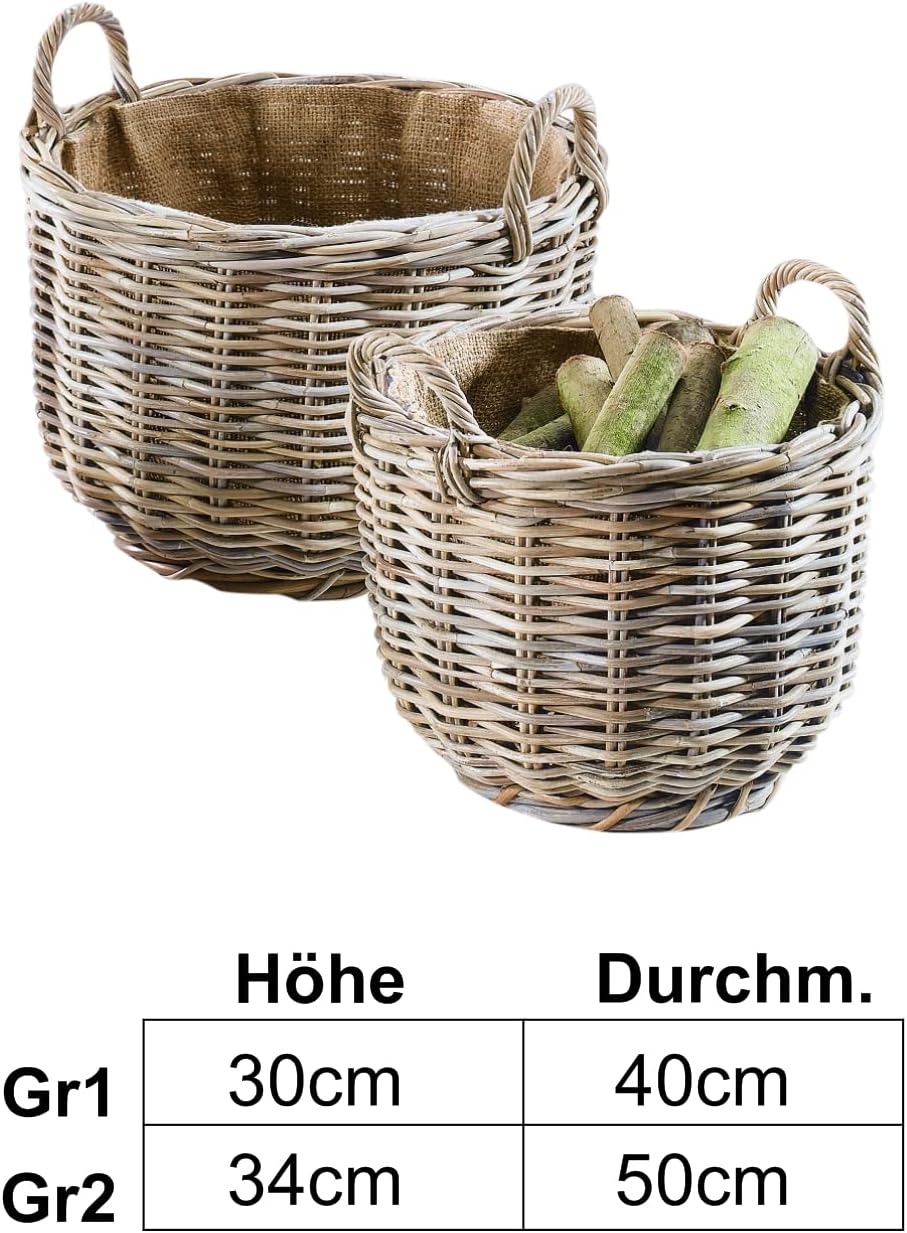 Kobolo Holztrage Holzkorb für Kaminholz Kaminholzkorb - rund, grau - Rattan - 2er Set