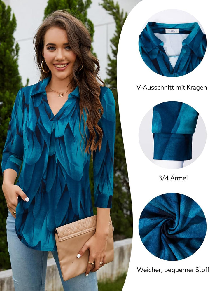 Siddhe Damen V-Ausschnitt Bluse 3/4 Ärmel Oberteile Tunika Tops Locker Longshirt Lässige T-Shirt Lan
