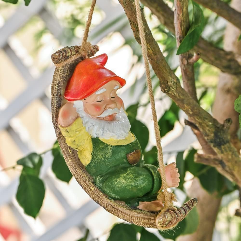 TERESA'S COLLECTIONS Gartenzwerge Gartendeko für Draussen Liegender Zwerg Gartenfigur aus Hängematte