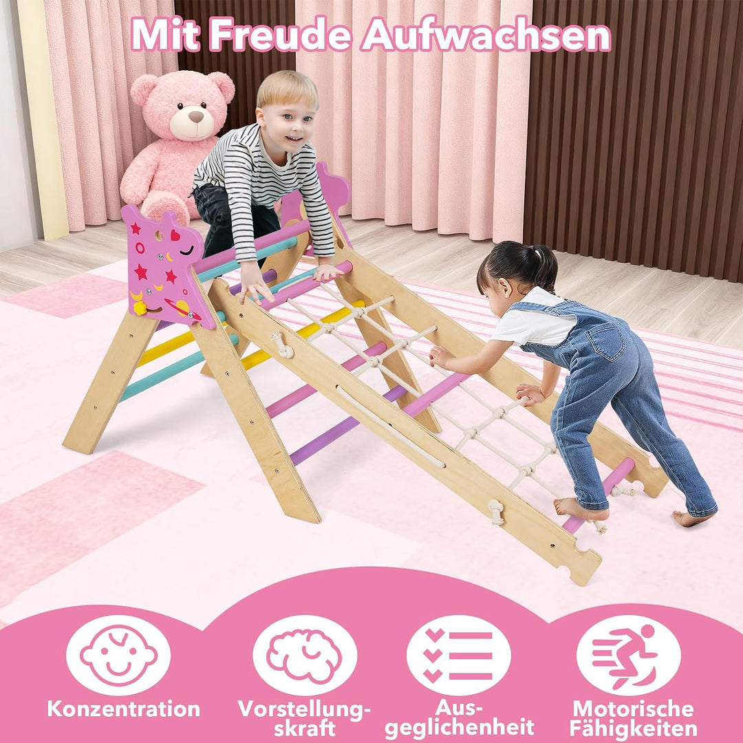 DREAMADE 9-in-1 Montessori Kletterdreieck Set, Kletterbogen aus Holz mit Netz für Kleinkinder ab 1 J
