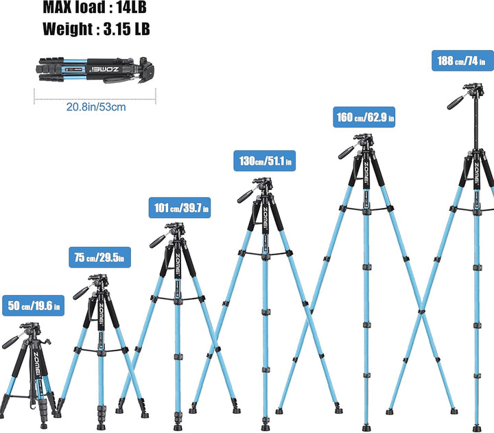 ZOMEi 188cm Stativ Heavy Duty Tall Tripod Stand, Professional Travel Video Tripod Kompatibel mit DSL