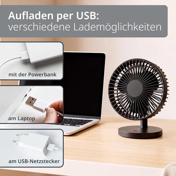 ADE Ventilator sehr leise | USB Tischventilator 3 Stufen | Akku bis 7,5 h Laufzeit | 2.000 mAh | 180