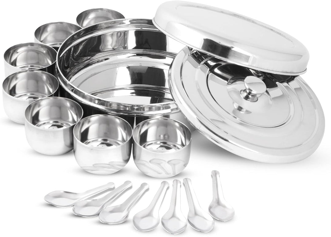 KSJONE Doppeldeckel-Gewürzbehälter Masala Dabba mit 7 Fächern und 7 Löffeln, Masala-Box, Gewürzbehäl