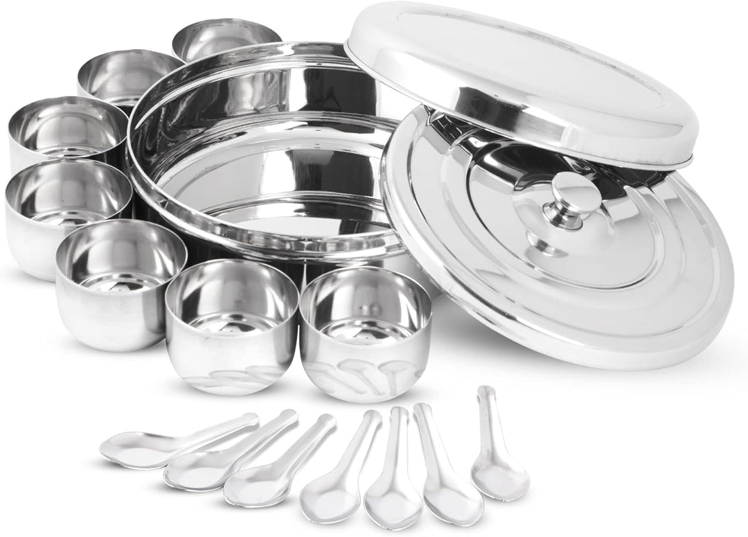 KSJONE Doppeldeckel-Gewürzbehälter Masala Dabba mit 7 Fächern und 7 Löffeln, Masala-Box, Gewürzbehäl