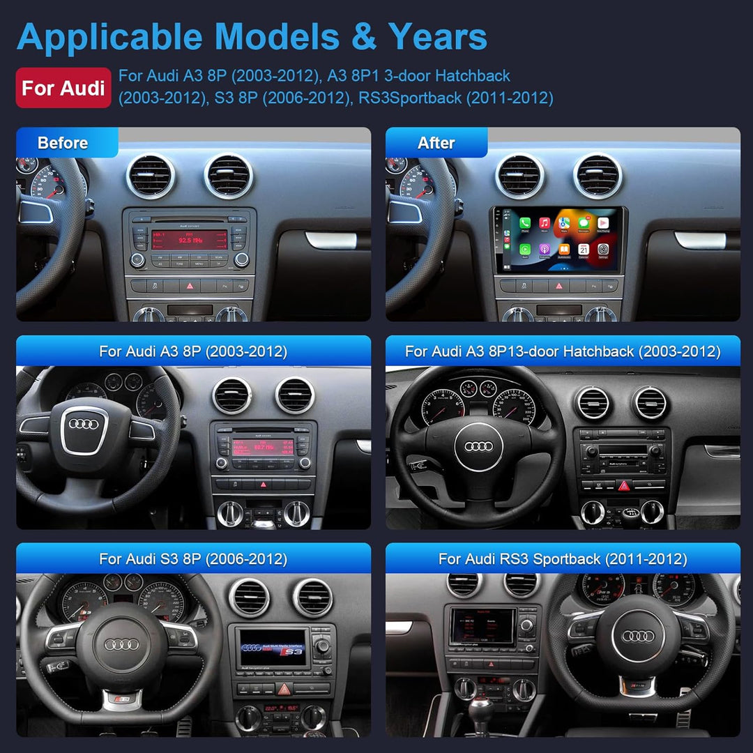 Android Autoradio mit Navi Bildschirm Wireless Carplay Android Auto für Audi A3 S3 RS3 2003-2012, 9