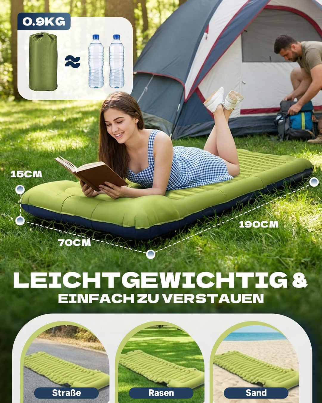 Isomatte Camping,Ultraleichte Isomatte Aufblasbar mit Integriertem Kissen & Fusspumpe, Kompakte Camp