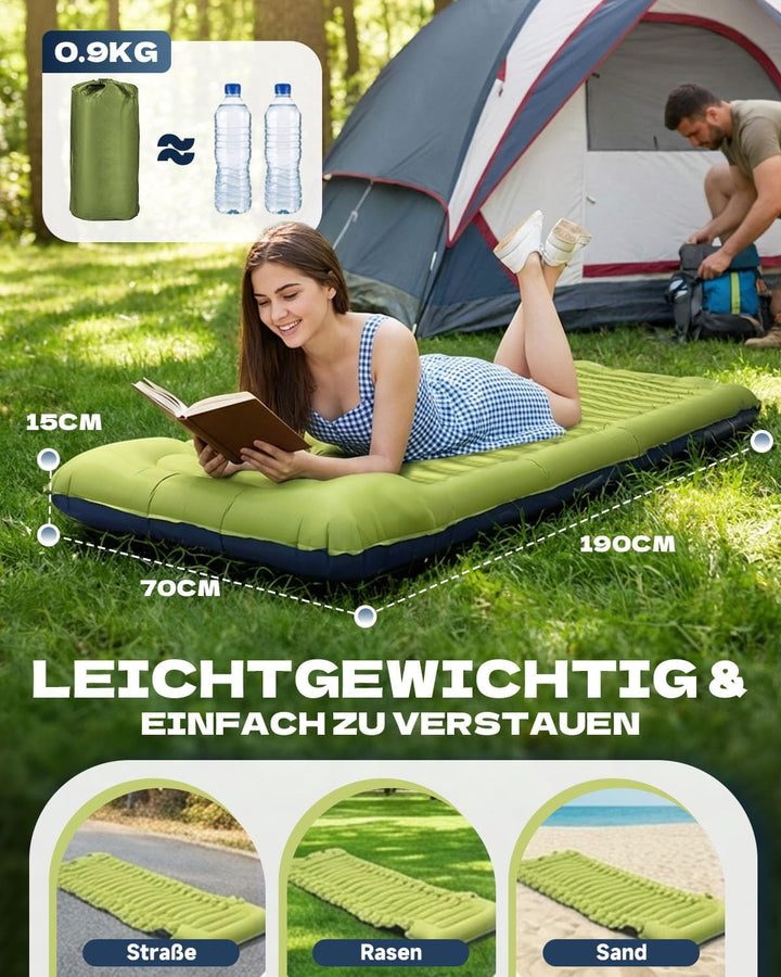 Isomatte Camping,Ultraleichte Isomatte Aufblasbar mit Integriertem Kissen & Fusspumpe, Kompakte Camp