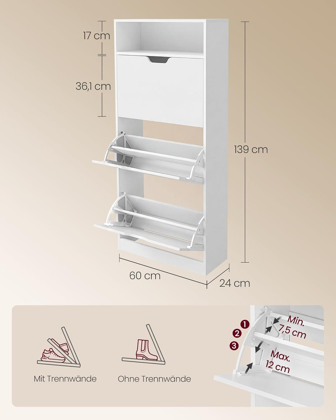 VASAGLE Schuhschrank 3 Klappen, Schuhkipper, Schuhregal, Schuhaufbewahrung, offenes Fach, Trennwand