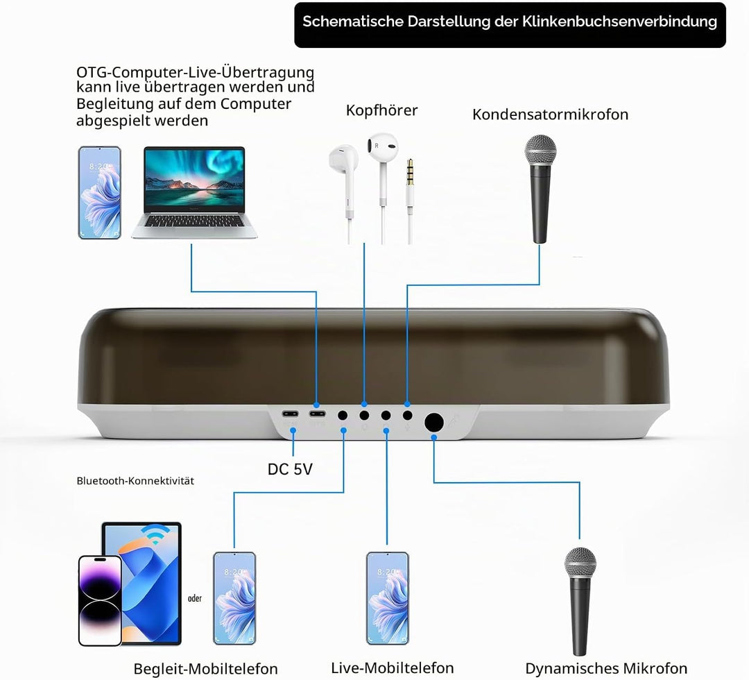 Audio Mixer Bluetooth Maschine mit 2 Kabellose Mikrofones Tragbarer Karaoke Lautsprecher, Live Sound
