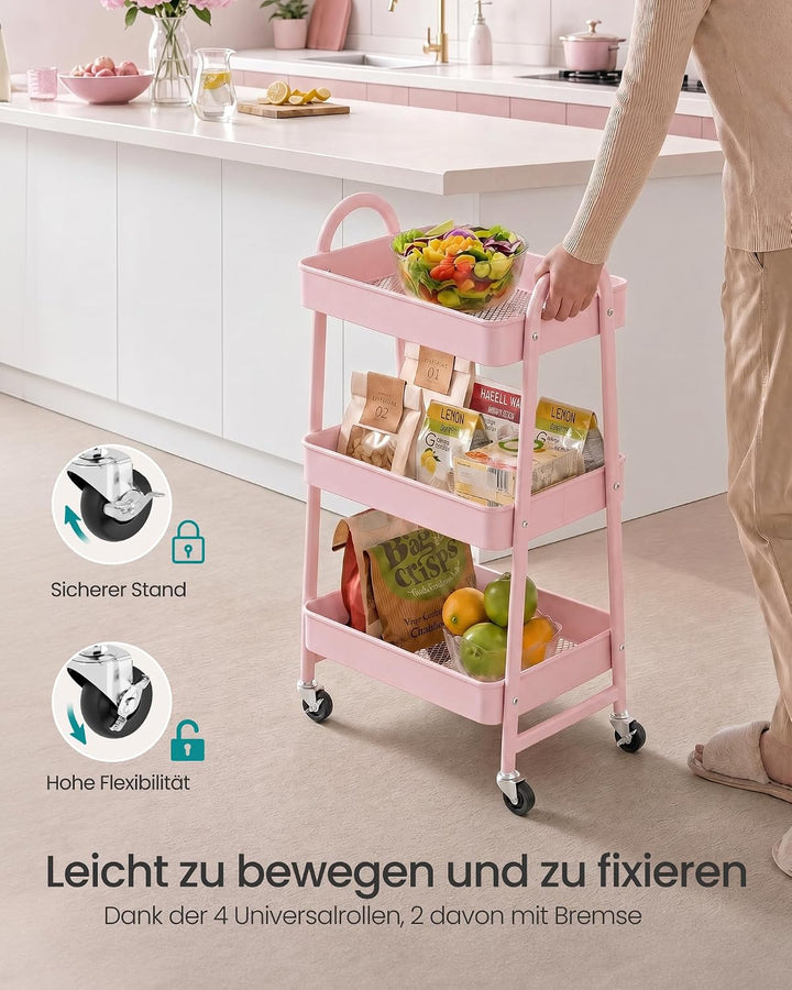 SONGMICS Rollwagen mit 3 Ebenen, Servierwagen aus Stahl, Küchenwagen, Küchenregal mit Griffen, 2 Bre