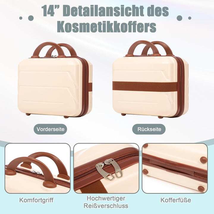 Hartschalen-Koffer Trolley Handgepäck Rollkoffer, Reisekoffer Set mit 4 Rollen, 2er Gepäckset Beige+