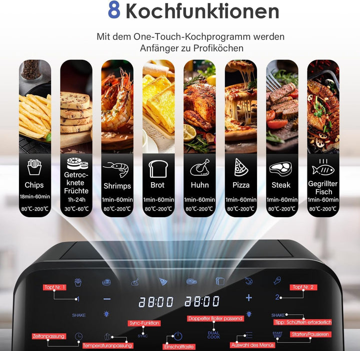 Dual Zone Heissluftfritteuse mit Sichtfenster, 9L XL Kapazität Doppel-Airfryer, 2 Schubladen, 8-in-1