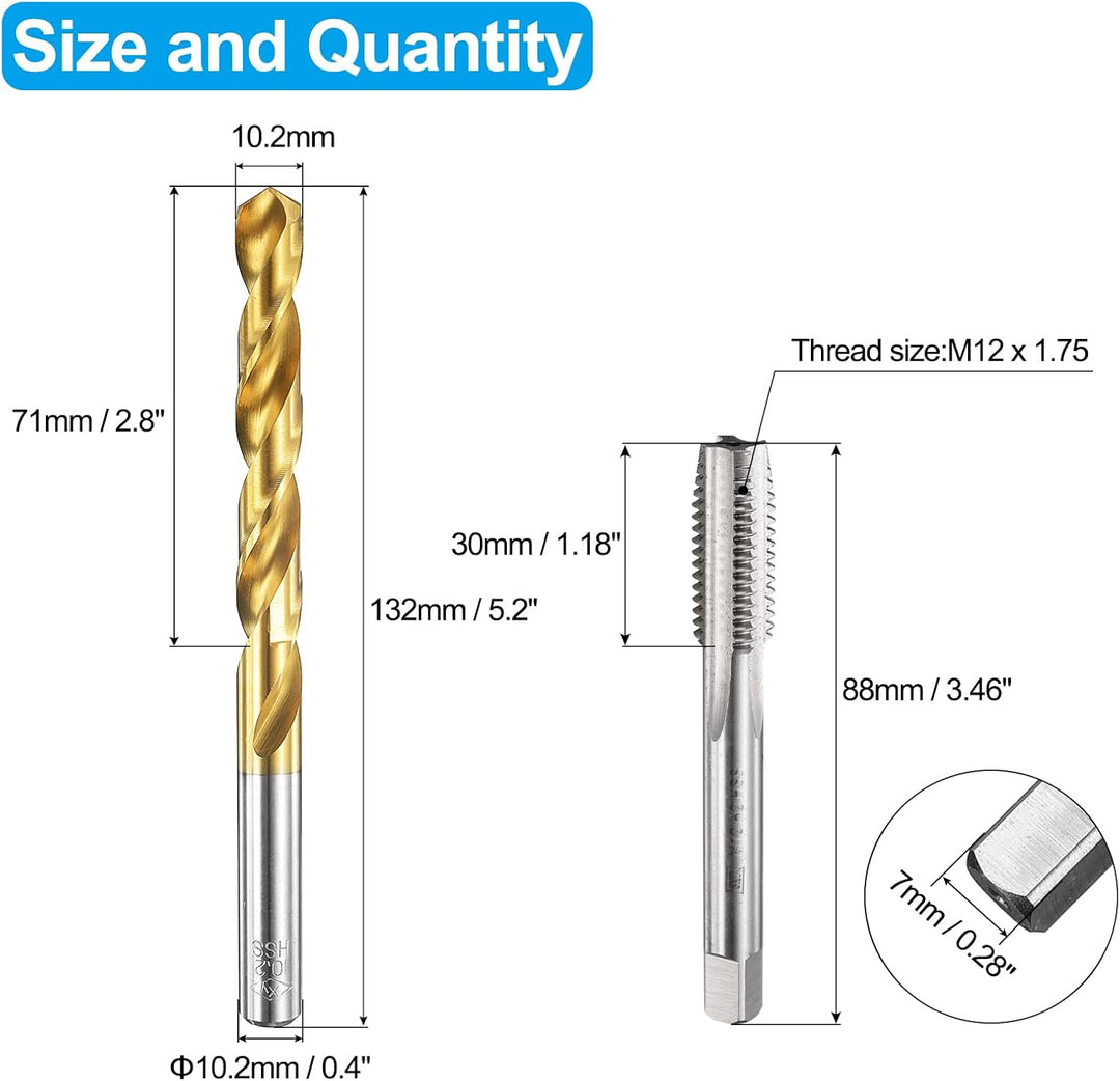 QUARKZMAN Gewindebohrer Set, M12 x 1,75 Metrisches Gerades Flöten & 10,2 mm Spiralbohrer, Unbeschich
