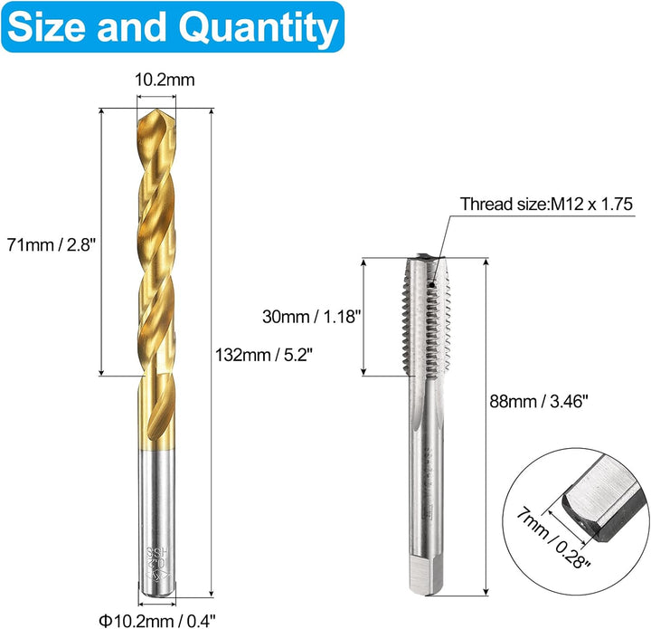 QUARKZMAN Gewindebohrer Set, M12 x 1,75 Metrisches Gerades Flöten & 10,2 mm Spiralbohrer, Unbeschich