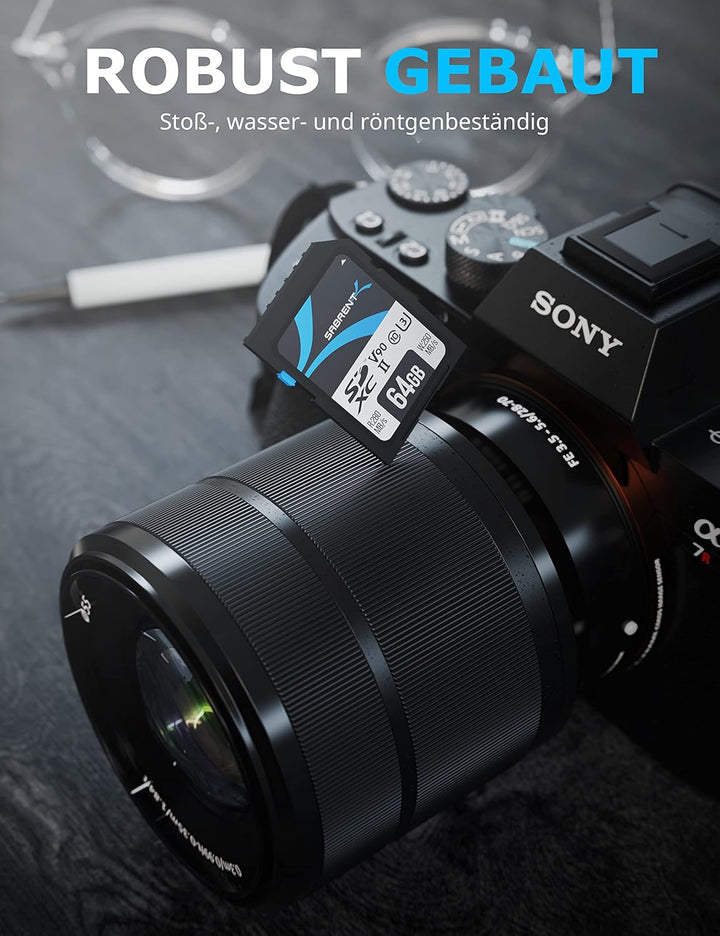 SABRENT SD Karte 64GB v90, sdxc Card uhs ii, SD Speicherkarte Class 10, u3, L280MB/s S250MB/s Full H