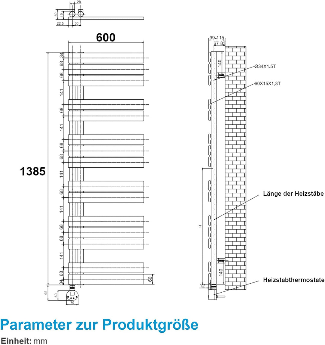 Heilmetz Badheizkörper Elektrisch Heizkörper Bad mit Digitalem Thermostat Handtuchheizkörper mit Tim