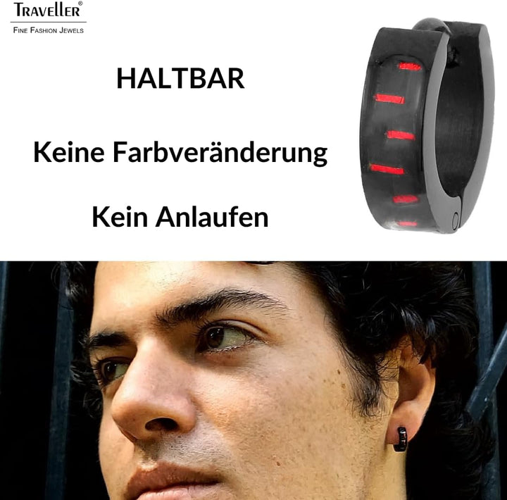 Traveller Creolen - Herren - Edelstahl - schwarz - Karbon Rot, Rot