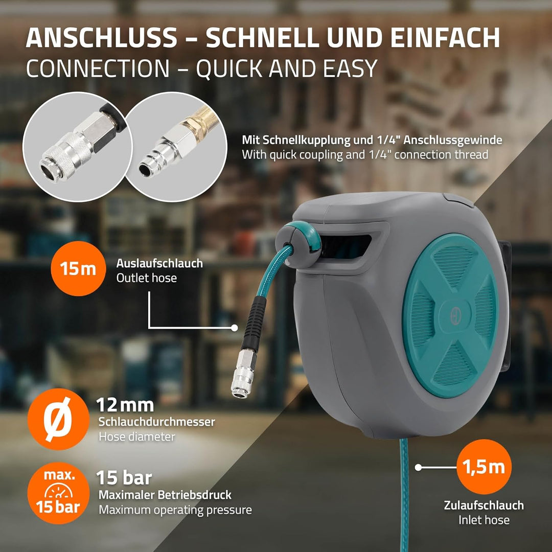 ECD Germany Druckluftschlauchtrommel 15m+1,5m, Automatischer Aufroller mit Arretierfunktion, Schnell