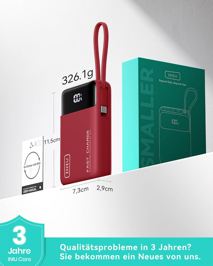 INIU 45W Power Bank, Ultra Klein 20000mAh Powerbank mit Integriertem USB C Kabel, Schnellladen Exter