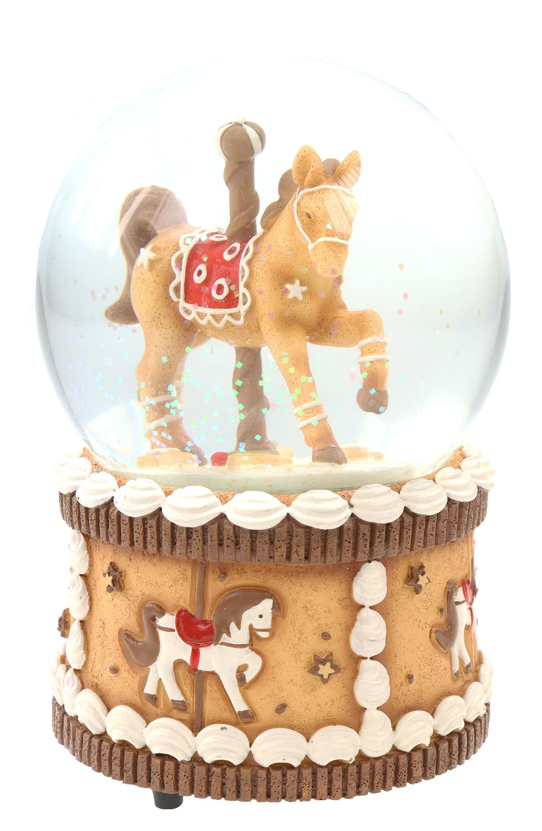 Schneekugel/Spieluhr Ø100mm mit drehendem Lebkuchenpferd auf Lebkuchensockel zum Aufziehen mit weihn