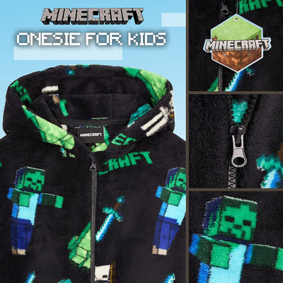 Minecraft Fleece Jumpsuit Kinder Jungen Schlafoverall mit Kapuze, Gamer Geschenke für Kinder Teenage