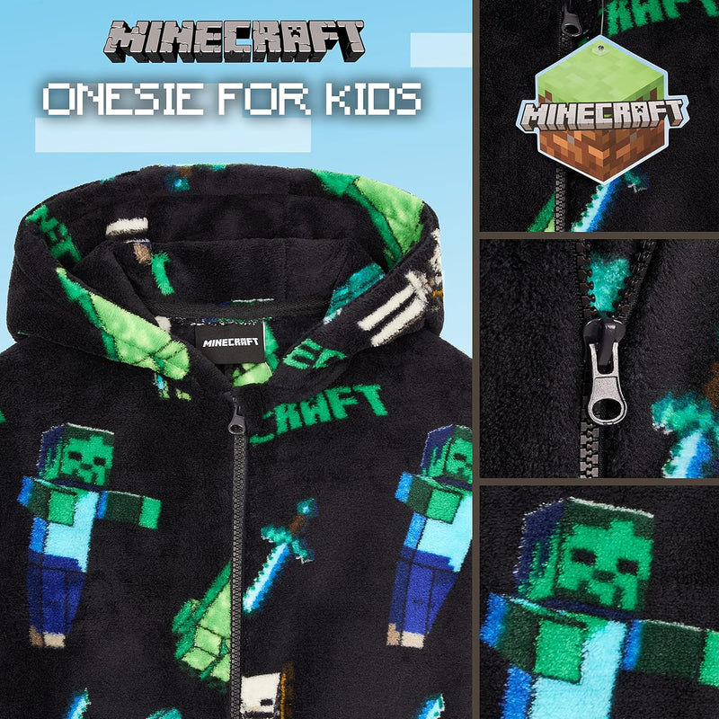 Minecraft Fleece Jumpsuit Kinder Jungen Schlafoverall mit Kapuze, Gamer Geschenke für Kinder Teenage