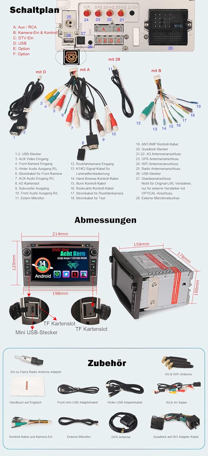 Erisin Android 14 6GB+128GB 8-Kern DVD Autoradio Bluetooth GPS Navi für Opel Antara Astra Corsa C/D