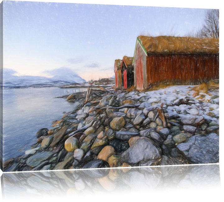 Pixxprint Küste der norwegischen See Tromso Kunst Buntstift Effekt, Format: 100x70 auf Leinwand, XXL