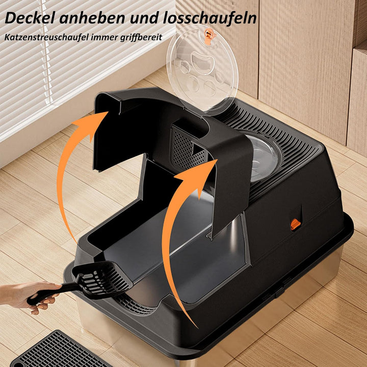 CALIYO Katzentoilette, Katzenklo Edelstahl mit Deckel, 3 in 1 Cat Litter Box, Katzenklo mit Schaufel