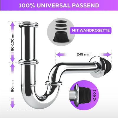 M. ROSENFELD Universal Siphon für Waschbecken (Extra Lang Röhre) 1 1/4 Zoll (32 mm) + Waschbecken Ab