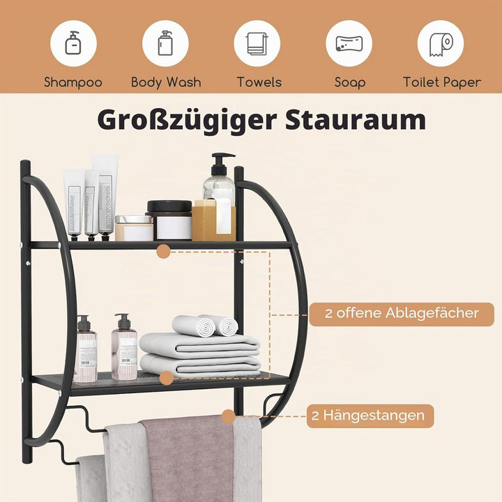 LIFEZEAL Badezimmerregal Hängend, Wandregal Badezimmer mit 2 Ablagen & Handtuchhalter, Hängeregal Wa