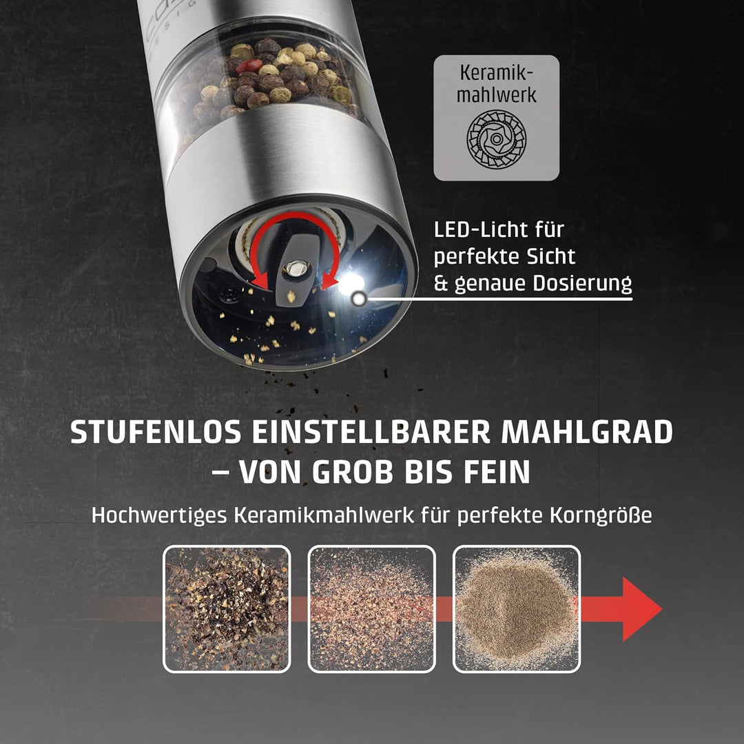 CASO SpiceDuo Elektrische Salz- & Pfeffermühle Set – Edelstahl Gewürzmühlen mit Keramikmahlwerk, stu