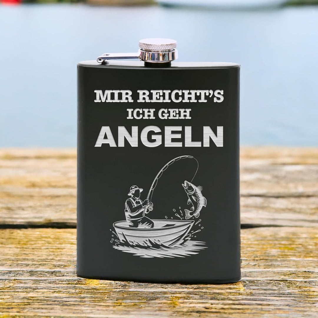 Flanacom Flachmann aus Edelstahl 227 ml (8oz) – Angeln & Fischer Design – inkl. Trichter – Auslaufsi