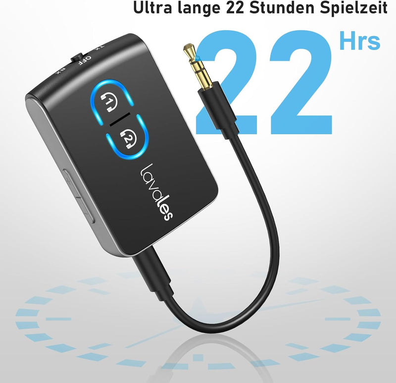 Lavales 5.3 Bluetooth Adapter AUX Pairing 2 Kopfhörers, 3,5mm Klinke Bluetooth Audio Transmitter/Rec